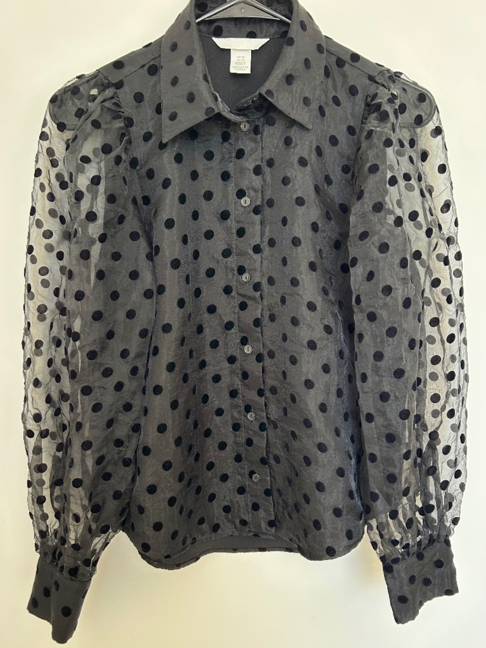 NWOT H&M Black Polka Dot Sheer Puff Long Sleeve Button Blouse XS
